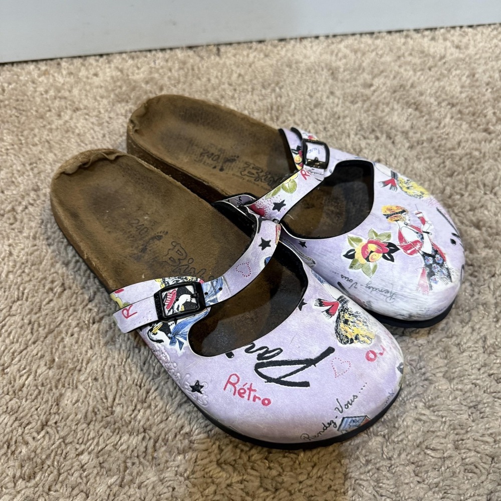 Birki's Shoes Womens Size 6.5 Purple Retro Floral Clog Sandals Buckle Comfort - Picture 2 of 8